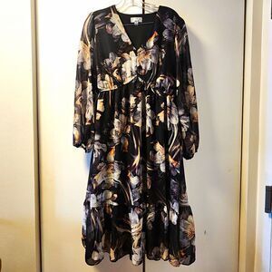 Robbie Bee Signature Whimsigoth Dark Fairy Midi Dress 12 LS V Neck Floral Witchy